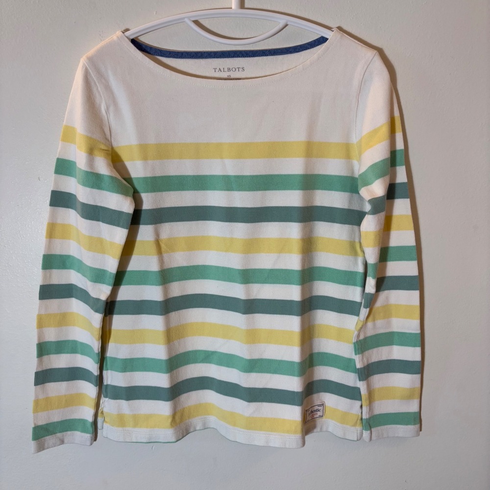 Talbots Long Sleeve Tee Womens XS White Yellow Green Striped Boat Neck Cotton